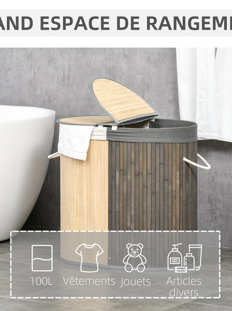 Panier à linge 100 L 2 compartiments bambou housse tissu Beige - Kiabi