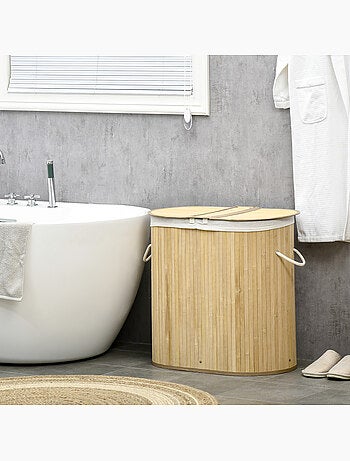 Panier à linge 100 l 2 compartiments bambou housse tissu