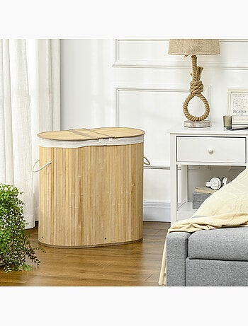 Panier à linge 100 l 2 compartiments bambou housse tissu