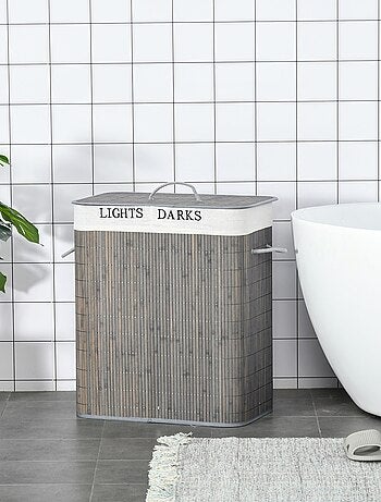 Panier à linge 2 bacs bambou sac amovible en toile gris