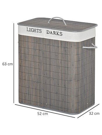 Panier à linge 2 bacs bambou sac amovible en toile gris