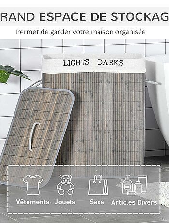 Panier à linge 2 bacs bambou sac amovible en toile gris