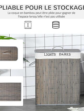 Panier à linge 2 bacs bambou sac amovible en toile gris