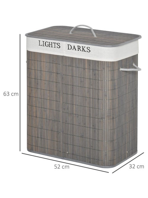 Panier à linge 2 bacs bambou sac amovible en toile gris - Kiabi