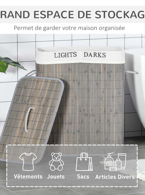 Panier à linge 2 bacs bambou sac amovible en toile gris - Kiabi