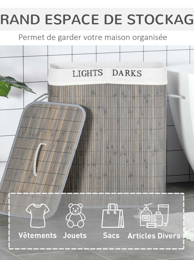Panier à linge 2 bacs bambou sac amovible en toile gris Gris - Kiabi