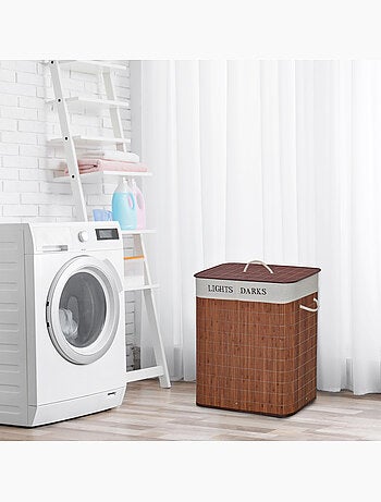 Panier à linge 2 bacs bambou sac amovible en toile