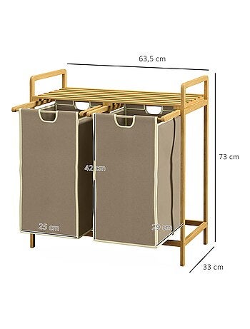 Panier à linge corbeille à linge bambou 2 paniers amovibles crème