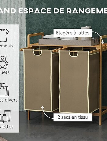 Panier à linge corbeille à linge bambou 2 paniers amovibles crème
