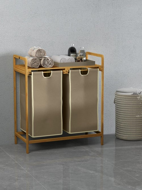 Panier à linge corbeille à linge bambou 2 paniers amovibles crème - Kiabi