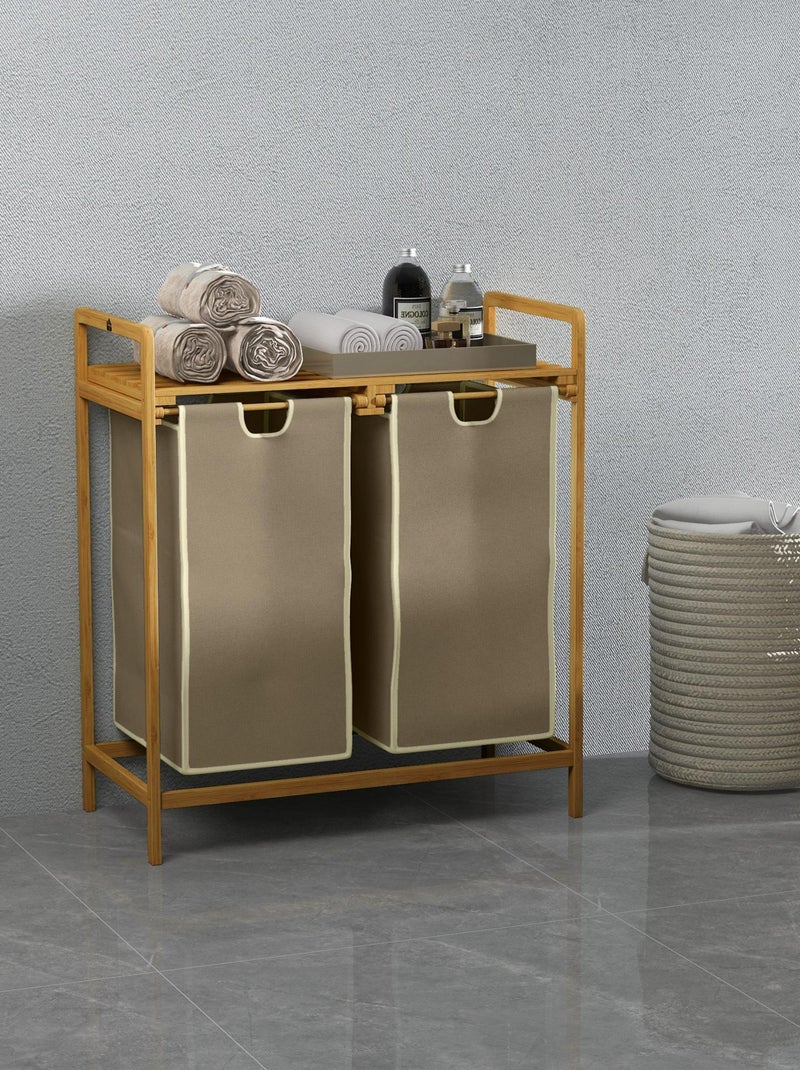 Panier à linge corbeille à linge bambou 2 paniers amovibles crème Beige/Blanc - Kiabi