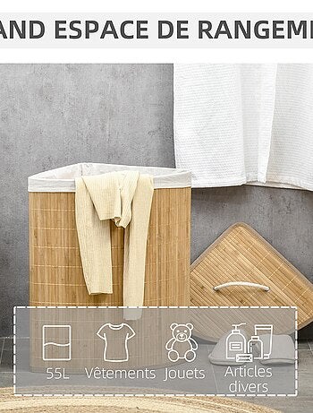 Panier à linge d'angle 55 L bambou housse tissu