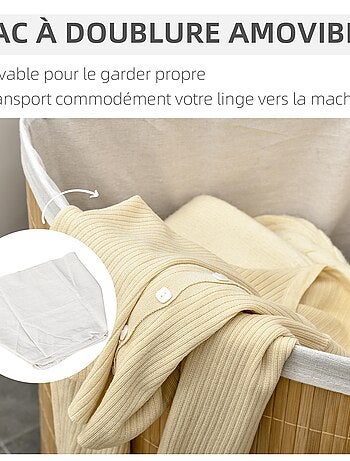 Panier à linge d'angle 55 L bambou housse tissu