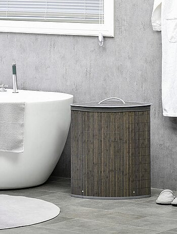 Panier à linge d'angle 55 L bambou housse tissu