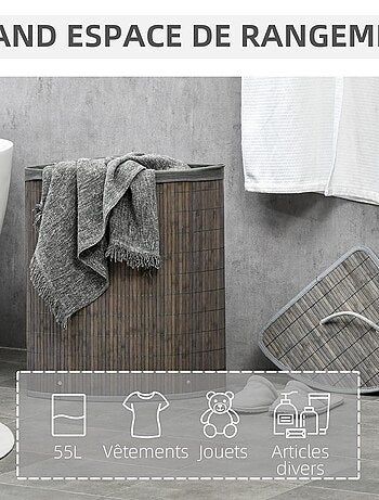 Panier à linge d'angle 55 L bambou housse tissu