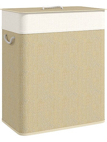 Panier à linge double 100l couvercle et poignées tissage bambou