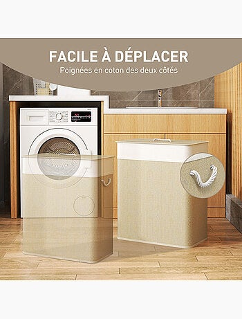 Panier à linge double 100l couvercle et poignées tissage bambou