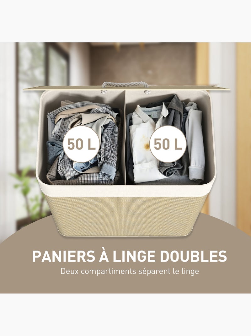 Panier à linge double 100l couvercle et poignées tissage bambou Beige - Kiabi