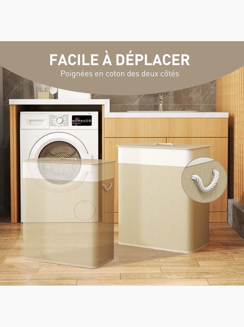 Panier à linge double 100l couvercle et poignées tissage bambou Beige - Kiabi