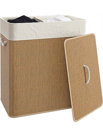 Panier à linge double 100l couvercle et poignées tissage bambou