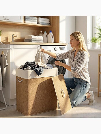 Panier à linge double 100l couvercle et poignées tissage bambou