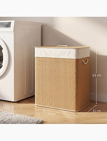 Panier à linge double 100l couvercle et poignées tissage bambou