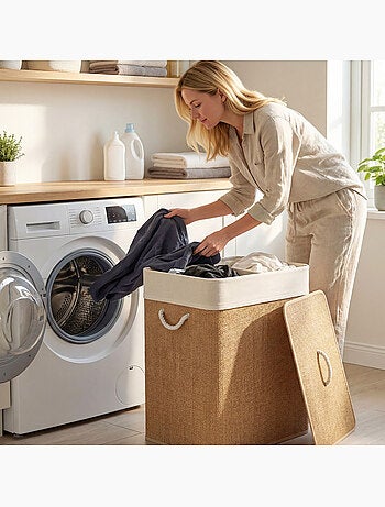 Panier à linge double 100l couvercle et poignées tissage bambou