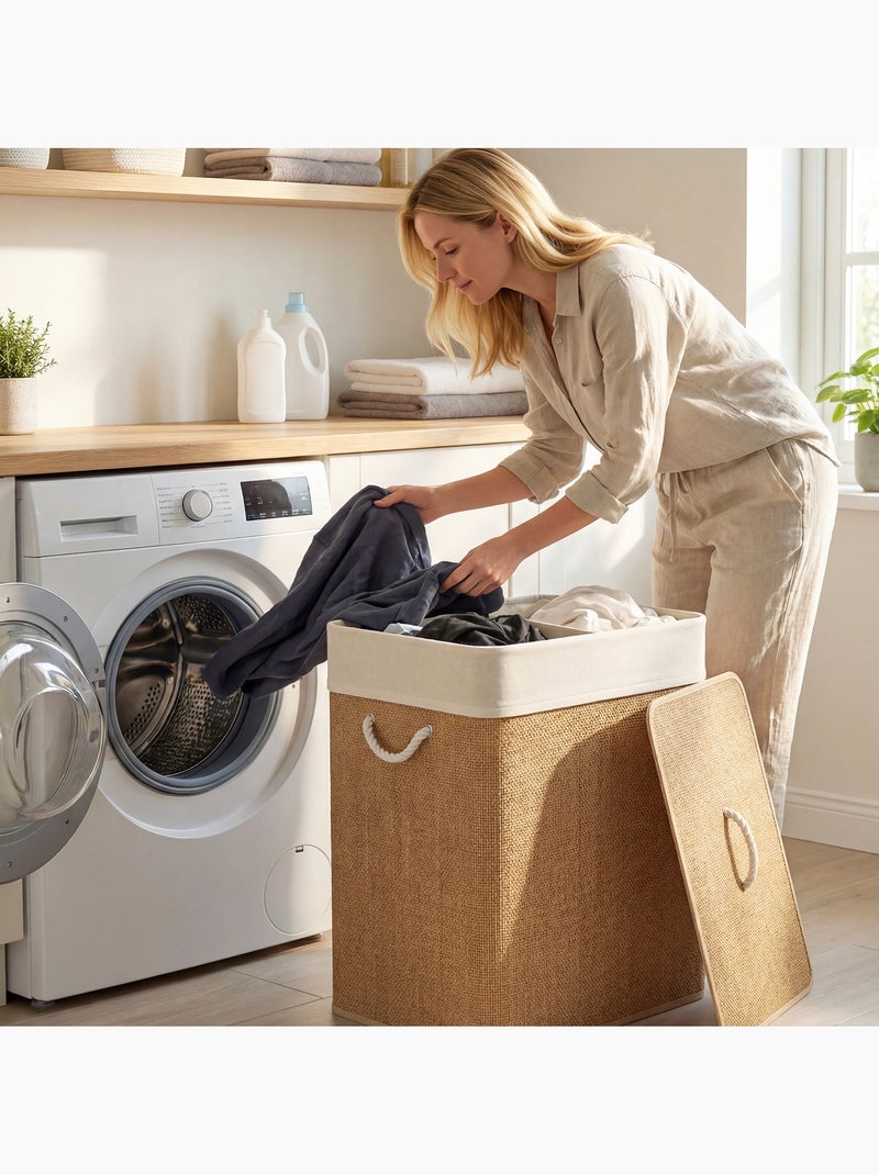 Panier à linge double 100l couvercle et poignées tissage bambou Marron - Kiabi