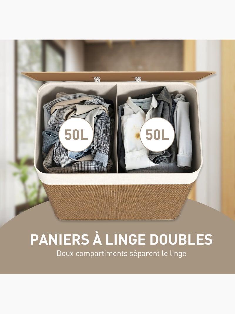 Panier à linge double 100l couvercle et poignées tissage bambou Marron - Kiabi