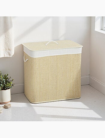 Panier à linge double 144l couvercle et poignées tissage bambou