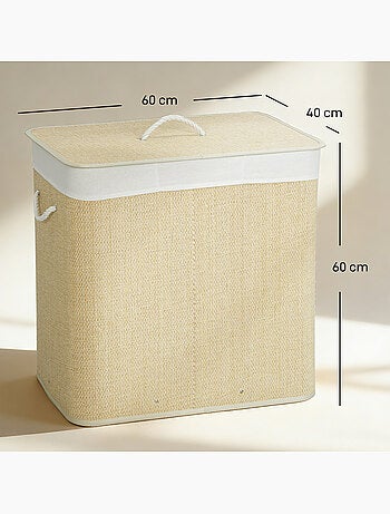 Panier à linge double 144l couvercle et poignées tissage bambou