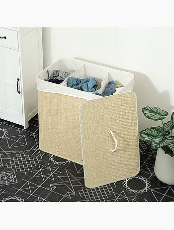 Panier à linge double 144l couvercle et poignées tissage bambou