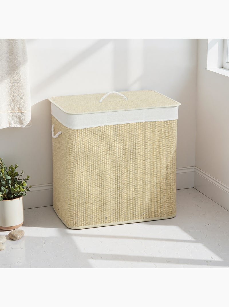 Panier à linge double 144l couvercle et poignées tissage bambou Beige - Kiabi