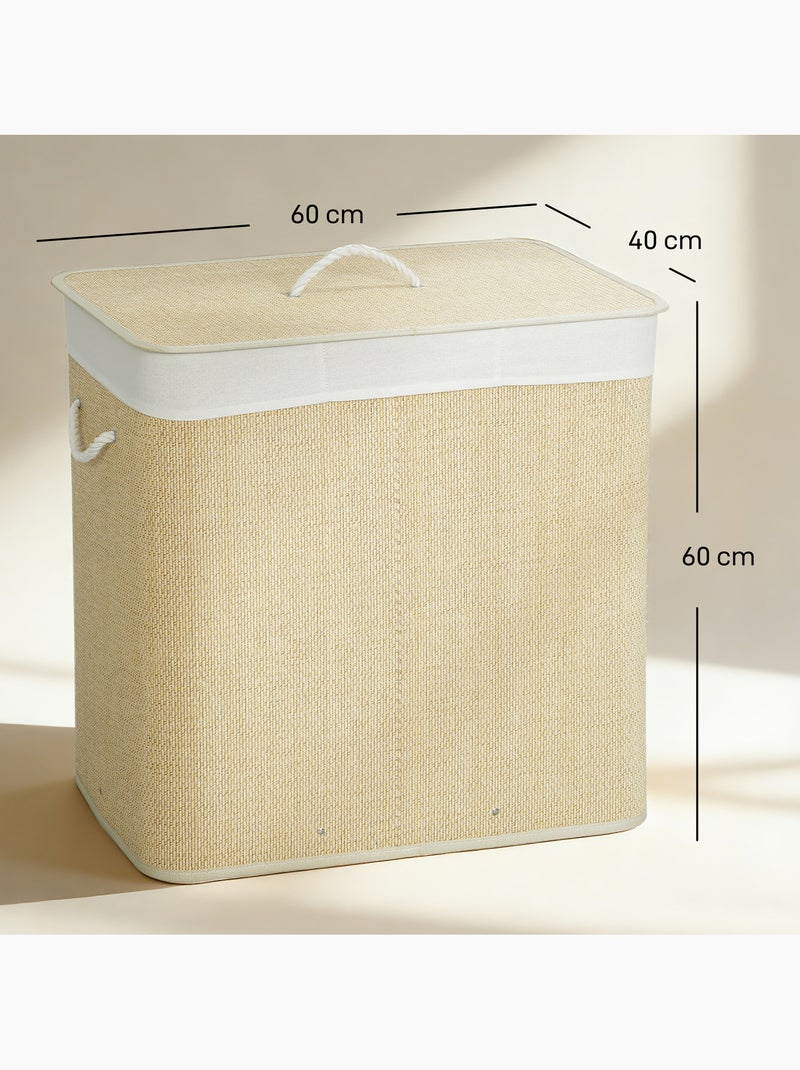 Panier à linge double 144l couvercle et poignées tissage bambou Beige - Kiabi