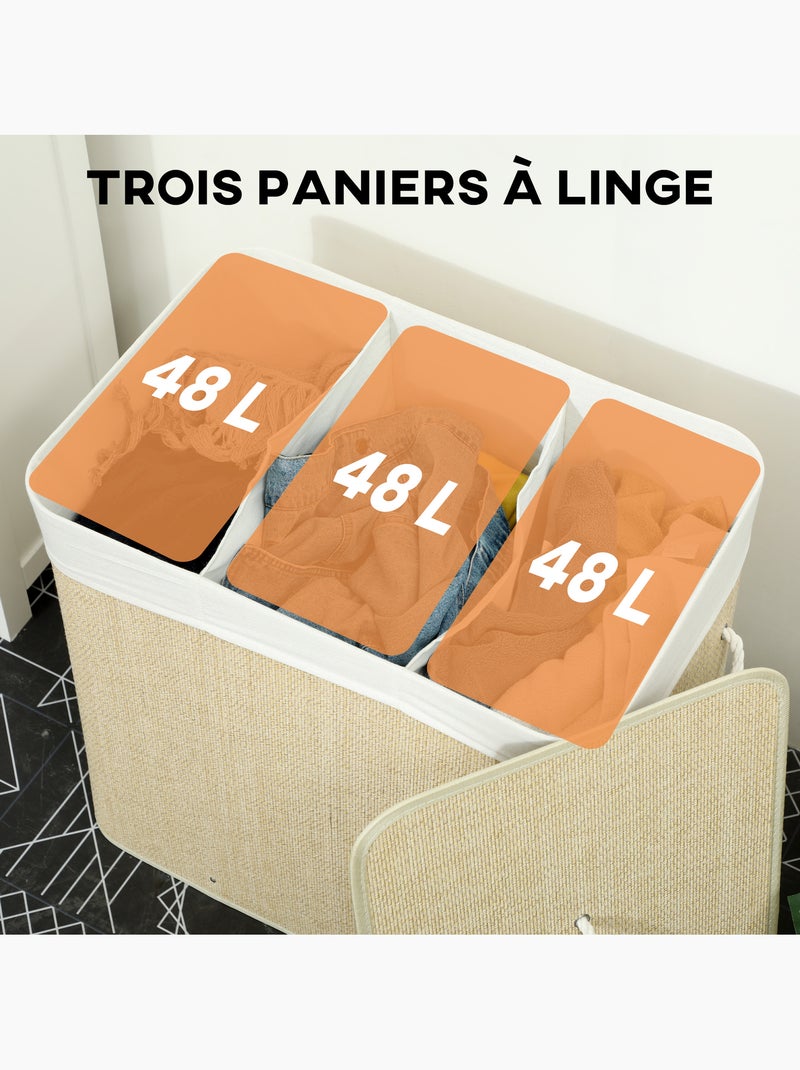 Panier à linge double 144l couvercle et poignées tissage bambou Beige - Kiabi