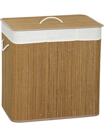 Panier à linge double 144l couvercle et poignées tissage bambou