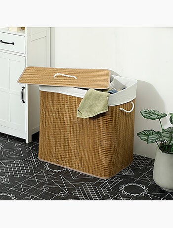 Panier à linge double 144l couvercle et poignées tissage bambou