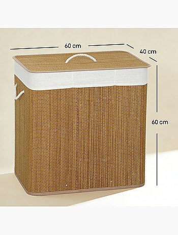 Panier à linge double 144l couvercle et poignées tissage bambou