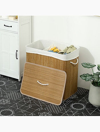 Panier à linge double 144l couvercle et poignées tissage bambou