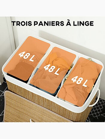 Panier à linge double 144l couvercle et poignées tissage bambou