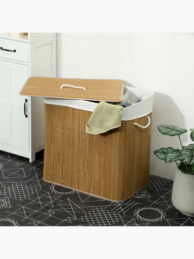 Panier à linge double 144l couvercle et poignées tissage bambou Marron - Kiabi