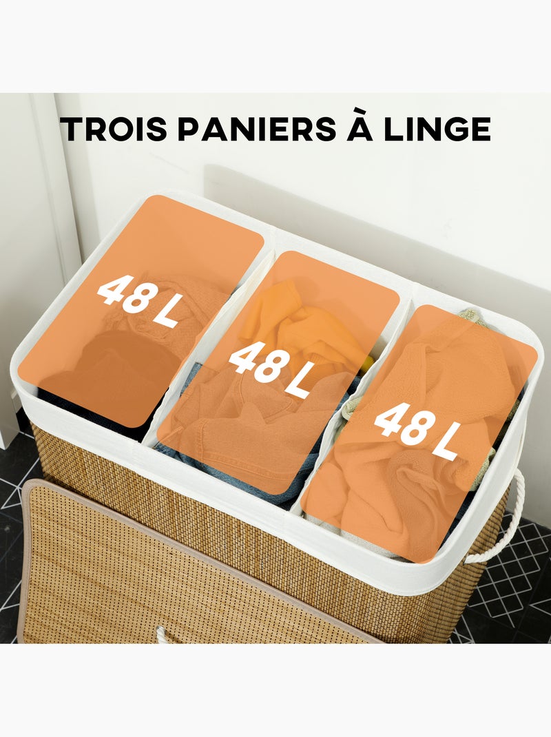 Panier à linge double 144l couvercle et poignées tissage bambou Marron - Kiabi