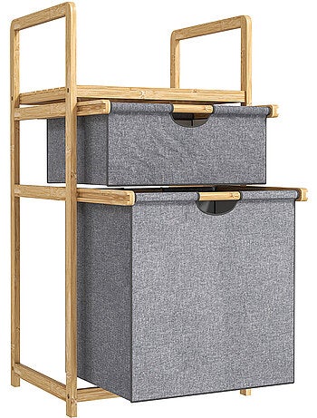 Panier à linge en bambou - 2 bacs et étagère - tissu gris