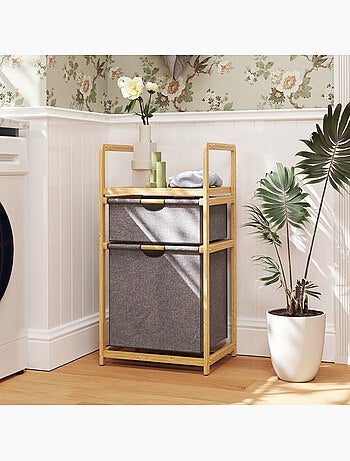 Panier à linge en bambou - 2 bacs et étagère - tissu gris