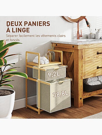 Panier à linge en bambou - 2 bacs et étagère - tissu gris