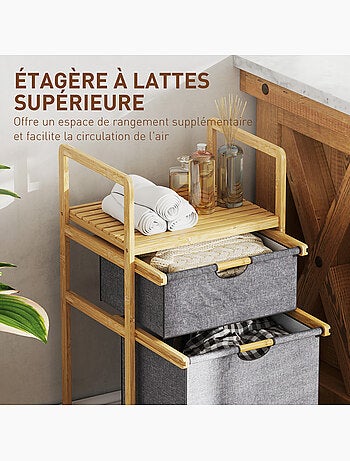 Panier à linge en bambou - 2 bacs et étagère - tissu gris
