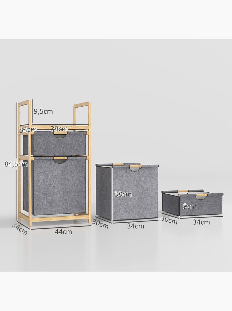 Panier à linge en bambou - 2 bacs et étagère - tissu gris Gris - Kiabi