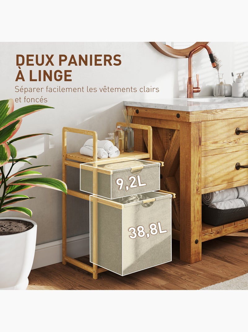 Panier à linge en bambou - 2 bacs et étagère - tissu gris Gris - Kiabi