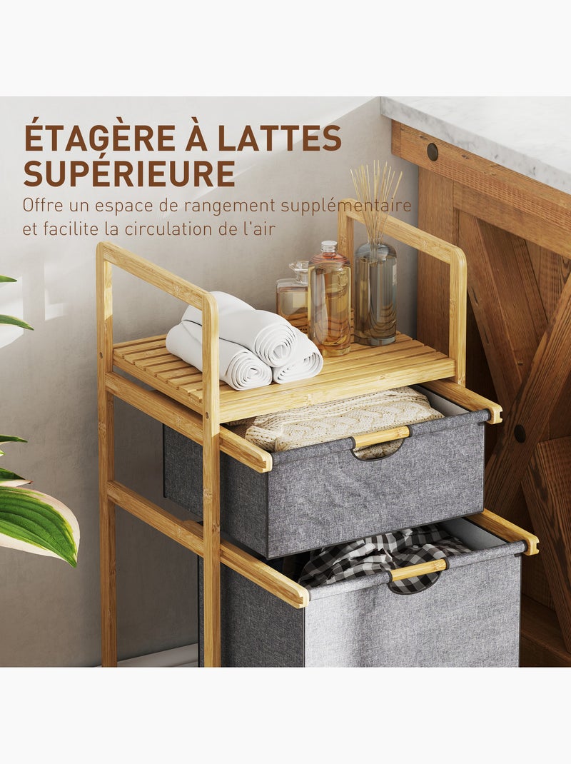 Panier à linge en bambou - 2 bacs et étagère - tissu gris Gris - Kiabi