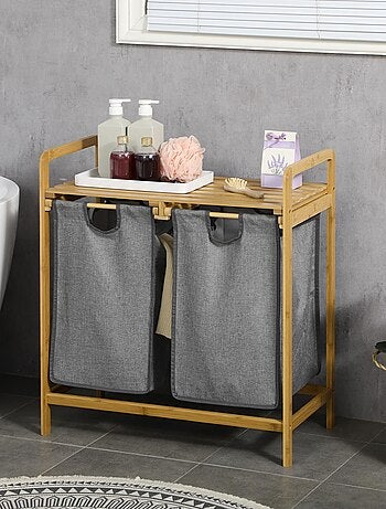 Panier à linge en bambou 2 paniers amovibles gris